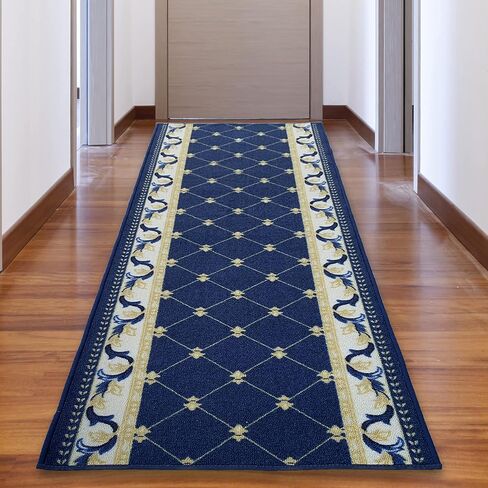 سجادة عداء مصنوعة حسب الطلب، كومة منخفضة مع دعامة مطاطية لمدخل بهو المطبخ، اختر مقاس الطول الخاص بك 26 بوصة، تصميم فلور دي ليز، تصميم فرنسي أزرق اللون (6 أقدام × 26 بوصة) in Kuwait