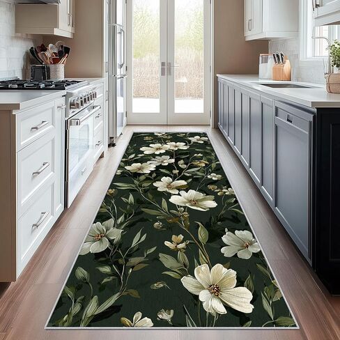 White Floral 4x10 Runner Rug, Flower Deep Green Runners for Hallways, Kitchen, Bedroom, Entryway, White Floral Home Decor Floor Carpet, Non Slip Washable Low Pile, 4 x 10 ft EZ112 in Saudi Arabia
