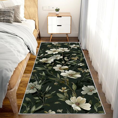 White Floral 4x10 Runner Rug, Flower Deep Green Runners for Hallways, Kitchen, Bedroom, Entryway, White Floral Home Decor Floor Carpet, Non Slip Washable Low Pile, 4 x 10 ft EZ112 in Saudi Arabia