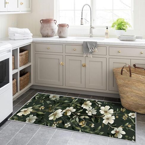 White Floral 4x10 Runner Rug, Flower Deep Green Runners for Hallways, Kitchen, Bedroom, Entryway, White Floral Home Decor Floor Carpet, Non Slip Washable Low Pile, 4 x 10 ft EZ112 in Saudi Arabia
