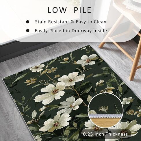 White Floral 4x10 Runner Rug, Flower Deep Green Runners for Hallways, Kitchen, Bedroom, Entryway, White Floral Home Decor Floor Carpet, Non Slip Washable Low Pile, 4 x 10 ft EZ112 in Saudi Arabia