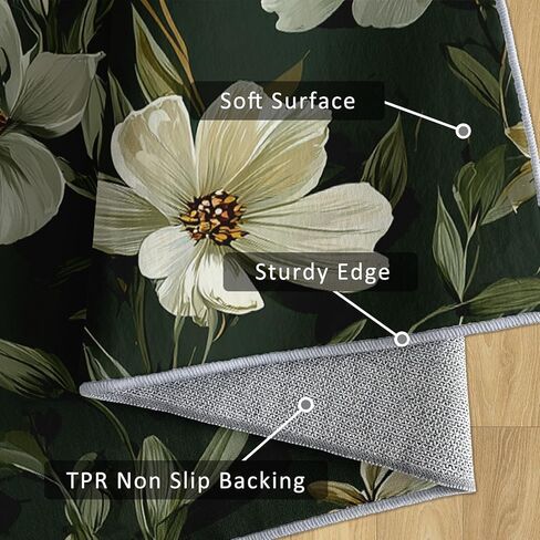 White Floral 4x10 Runner Rug, Flower Deep Green Runners for Hallways, Kitchen, Bedroom, Entryway, White Floral Home Decor Floor Carpet, Non Slip Washable Low Pile, 4 x 10 ft EZ112 in Saudi Arabia