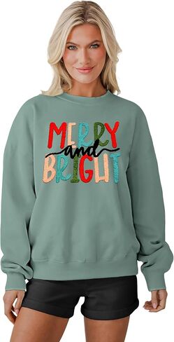 MAPICK Merry Sweatshirt for Women Christmas Fleece Linend Sequin Sweaters Crewneck Oversized Long Sleeve Pullover Tops in Kuwait