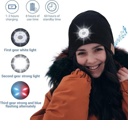 قبعة بلوتوث مع ضوء، صوت ستيريو عالي الدقة، مصباح أمامي USB قابل لإعادة الشحن للمشي لمسافات طويلة وصيد الأسماك، هدية للرجال والنساء في سن المراهقة in Kuwait