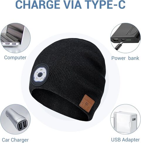 قبعة بلوتوث مع ضوء، صوت ستيريو عالي الدقة، مصباح أمامي USB قابل لإعادة الشحن للمشي لمسافات طويلة وصيد الأسماك، هدية للرجال والنساء في سن المراهقة in Kuwait