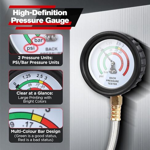 طقم اختبار الضغط الخلفي للعادم مع خرطوم من الفولاذ المقاوم للصدأ بطول 6 أقدام، مقياس ضغط خلفي احترافي لعادم السيارات الديزل مع موصل سريع، محولات M12 وM18، للشاحنات وسيارات الدفع الرباعي والشاحنات وما إلى ذلك. in Kuwait