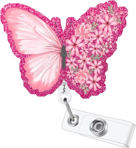 Pink Butterfly Retractable Badge Reel, Funny Glitter ID Clip Name Tag Card Gift for Office Worker Doctor Nurse Teacher Employee Alligator Clip in Saudi Arabia