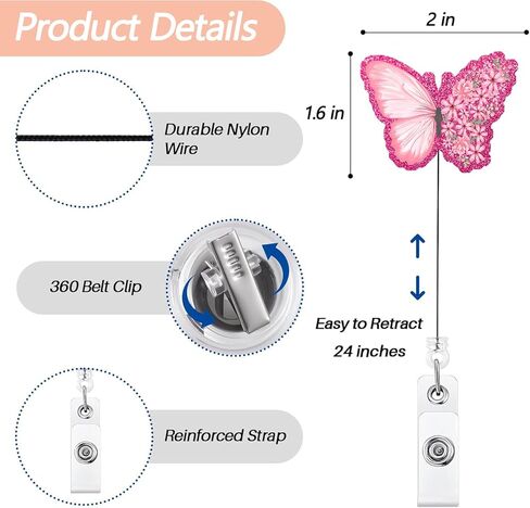 Pink Butterfly Retractable Badge Reel, Funny Glitter ID Clip Name Tag Card Gift for Office Worker Doctor Nurse Teacher Employee Alligator Clip in Saudi Arabia