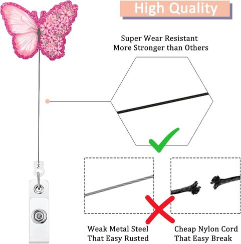Pink Butterfly Retractable Badge Reel, Funny Glitter ID Clip Name Tag Card Gift for Office Worker Doctor Nurse Teacher Employee Alligator Clip in Saudi Arabia