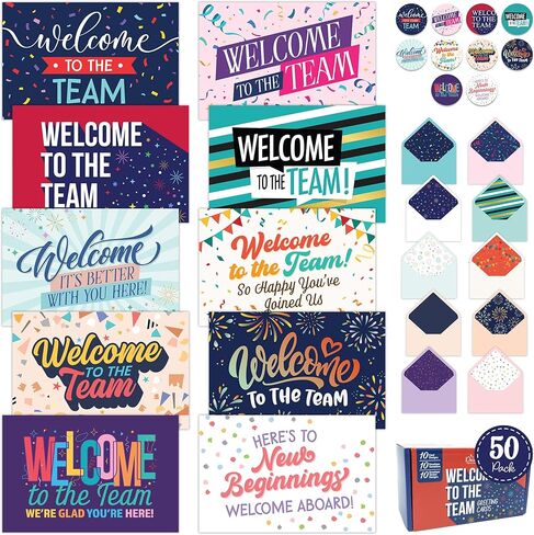 Decorably 50 Pack 6x4in Welcome To The Team Cards Bulk with Envelopes and Stickers, 10 Folded Festive Designs for Team Members, Colleagues, with Printed Message Inside - Business, Gifting, Mailing in Saudi Arabia
