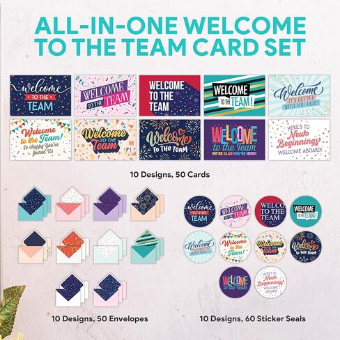 Decorably 50 Pack 6x4in Welcome To The Team Cards Bulk with Envelopes and Stickers, 10 Folded Festive Designs for Team Members, Colleagues, with Printed Message Inside - Business, Gifting, Mailing in Saudi Arabia