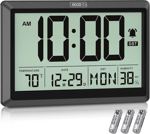 10.4'' Digital Wall Clock Battery Operated with Date/Temp/Week, Touch Snooze Function, Alarm, Temperature & Humidity - Easy to Read and Set, Auto DST in Saudi Arabia