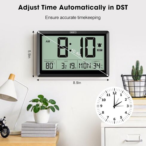 10.4'' Digital Wall Clock Battery Operated with Date/Temp/Week, Touch Snooze Function, Alarm, Temperature & Humidity - Easy to Read and Set, Auto DST in Saudi Arabia