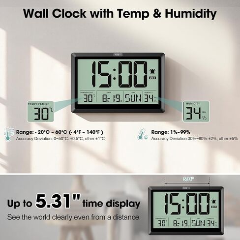 10.4'' Digital Wall Clock Battery Operated with Date/Temp/Week, Touch Snooze Function, Alarm, Temperature & Humidity - Easy to Read and Set, Auto DST in Saudi Arabia