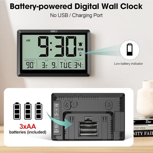 10.4'' Digital Wall Clock Battery Operated with Date/Temp/Week, Touch Snooze Function, Alarm, Temperature & Humidity - Easy to Read and Set, Auto DST in Saudi Arabia
