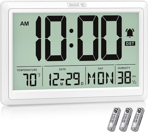 ساعة حائط رقمية مقاس 10.4 بوصة تعمل بالبطارية مع التاريخ/درجة الحرارة/الأسبوع، وظيفة الغفوة باللمس، منبه، درجة الحرارة والرطوبة - سهلة القراءة والضبط، التوقيت الصيفي التلقائي in Kuwait