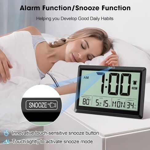 10.4'' Digital Wall Clock Battery Operated with Date/Temp/Week, Touch Snooze Function, Alarm, Temperature & Humidity - Easy to Read and Set, Auto DST in Saudi Arabia