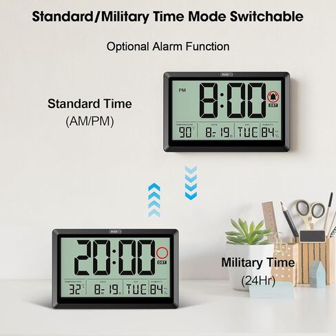 10.4'' Digital Wall Clock Battery Operated with Date/Temp/Week, Touch Snooze Function, Alarm, Temperature & Humidity - Easy to Read and Set, Auto DST in Saudi Arabia