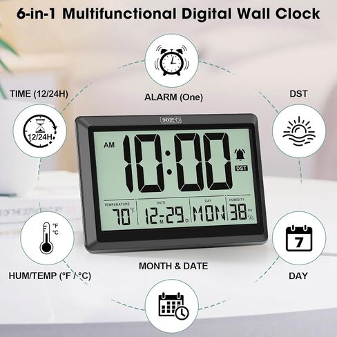 10.4'' Digital Wall Clock Battery Operated with Date/Temp/Week, Touch Snooze Function, Alarm, Temperature & Humidity - Easy to Read and Set, Auto DST in Saudi Arabia