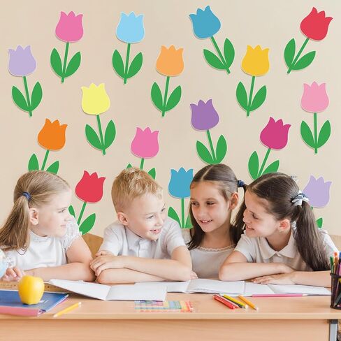 Whaline 48 Pcs Spring Tulip Flower Cutouts Cut-Outs Simple Colorful Floral Cardboard Paper Cutting with 100 Pcs Glue Points for DIY Crafts Party Classroom Bulletin Board, 12 Colors in Kuwait