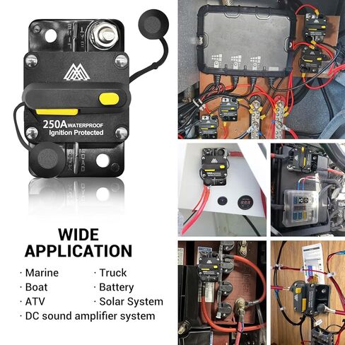 Waterproof 250A Circuit Breaker Fuse Holder 12V- 48V DC Manual Reset Switch for Boat Trolling Motor Marine ATV Trailer Vehicles Stereo Audio Electronic Battery Solar System w/2 Screws in Kuwait