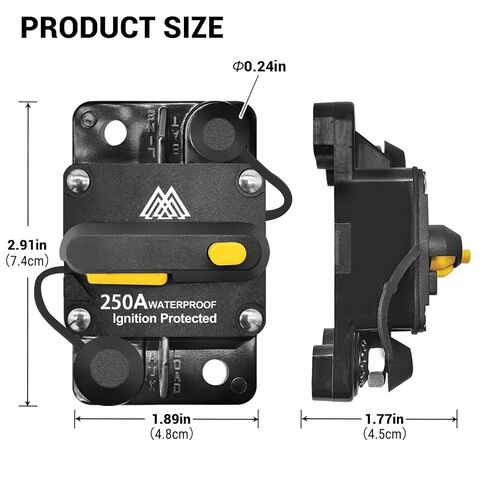 Waterproof 250A Circuit Breaker Fuse Holder 12V- 48V DC Manual Reset Switch for Boat Trolling Motor Marine ATV Trailer Vehicles Stereo Audio Electronic Battery Solar System w/2 Screws in Kuwait