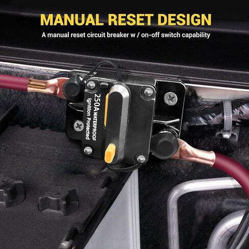 Waterproof 250A Circuit Breaker Fuse Holder 12V- 48V DC Manual Reset Switch for Boat Trolling Motor Marine ATV Trailer Vehicles Stereo Audio Electronic Battery Solar System w/2 Screws in Kuwait