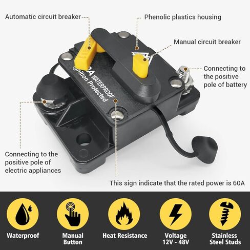 Waterproof 250A Circuit Breaker Fuse Holder 12V- 48V DC Manual Reset Switch for Boat Trolling Motor Marine ATV Trailer Vehicles Stereo Audio Electronic Battery Solar System w/2 Screws in Kuwait