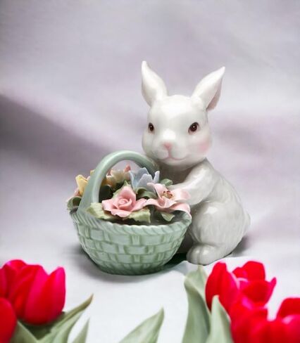 Cosmos Gifts 10592 Fine Porcelain White Bunny Rabbit with Rose Flower Basket Figurine, 3-5/8" H in Saudi Arabia