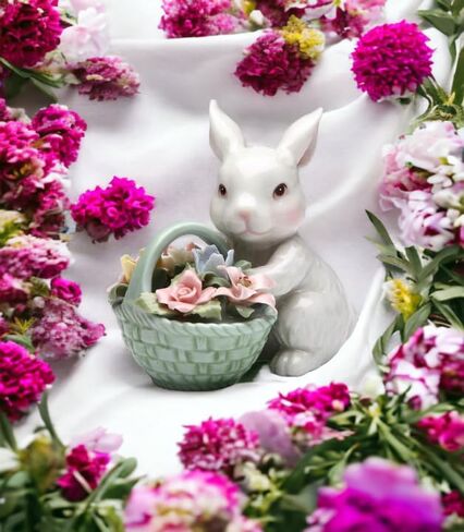 Cosmos Gifts 10592 Fine Porcelain White Bunny Rabbit with Rose Flower Basket Figurine, 3-5/8" H in Saudi Arabia