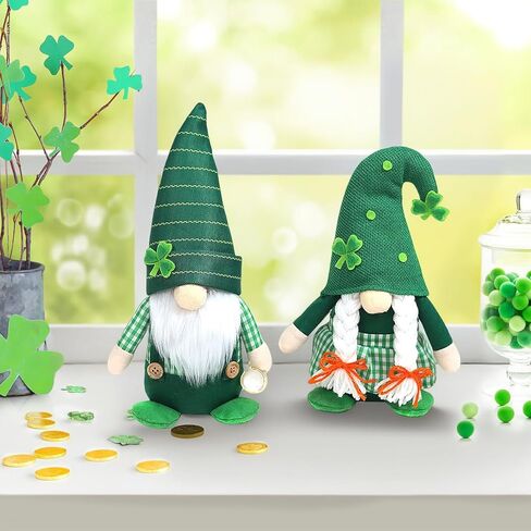 زينة عيد القديس باتريك - قطعتان من ديكور تمثال جنوم القطيفة، تماثيل الجني الأيرلندية المحظوظة مع قبعة شامروك خضراء، طاولة وديكور صينية متدرجة للمنزل والمكتب وهدايا حفلات القديس باتريك in Kuwait
