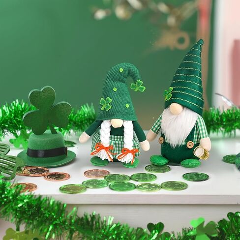 زينة عيد القديس باتريك - قطعتان من ديكور تمثال جنوم القطيفة، تماثيل الجني الأيرلندية المحظوظة مع قبعة شامروك خضراء، طاولة وديكور صينية متدرجة للمنزل والمكتب وهدايا حفلات القديس باتريك in Kuwait