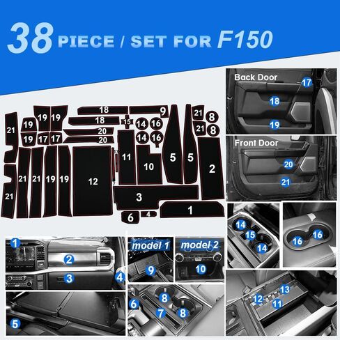 سجادات إدراج حامل الأكواب لملحقات Ford F150 2021-2025 سجادات جيب للباب غير قابلة للانزلاق للملحقات الداخلية F150 بطانات وحدة التحكم المركزية 38 قطعة/المجموعة (أحمر) in Kuwait