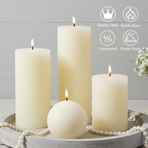 Ivory Rustic Textured Pillar Candles Set - 4 Pcs Assorted Sizes Unscented Pillar Candle, Decorative Farmhouse Candles for Home Centerpiece Decor, Holiday Dinner Table, Dripless & Smokeless in Saudi Arabia