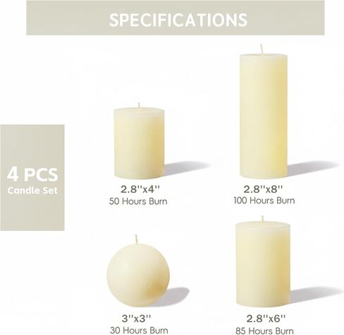Ivory Rustic Textured Pillar Candles Set - 4 Pcs Assorted Sizes Unscented Pillar Candle, Decorative Farmhouse Candles for Home Centerpiece Decor, Holiday Dinner Table, Dripless & Smokeless in Saudi Arabia