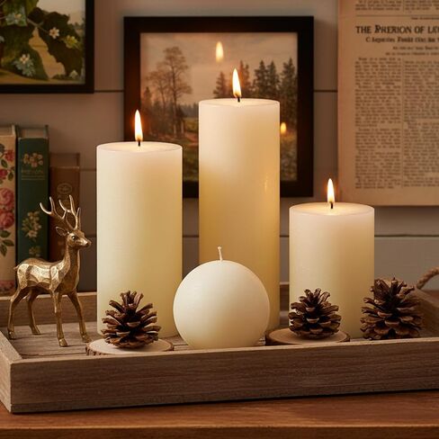 Ivory Rustic Textured Pillar Candles Set - 4 Pcs Assorted Sizes Unscented Pillar Candle, Decorative Farmhouse Candles for Home Centerpiece Decor, Holiday Dinner Table, Dripless & Smokeless in Saudi Arabia