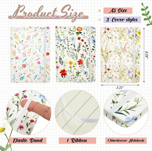 3 Pcs Floral Notebook for Women, 100 Pages A5 5.7" x 8.4" Lined Journal Notebook, 80 GSM Cute College Hardcover Leather Ruled Journal for Writing Note Taking Office Work Home Supplies in Saudi Arabia