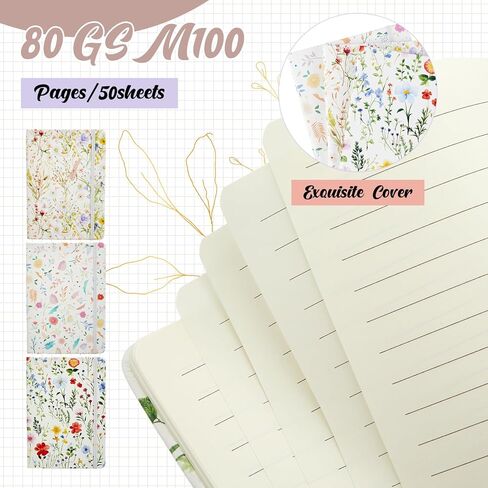 3 Pcs Floral Notebook for Women, 100 Pages A5 5.7" x 8.4" Lined Journal Notebook, 80 GSM Cute College Hardcover Leather Ruled Journal for Writing Note Taking Office Work Home Supplies in Saudi Arabia