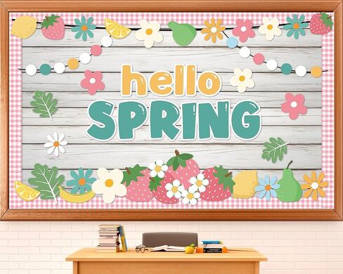 Hello Spring Bulletin Board Set Spring Fruit Floral Classroom Decoration Colorful Flowers Strawberry Paper Cutouts Flowers Theme Bulletin Board for School Classroom Chalkboard Wall Decor in Saudi Arabia