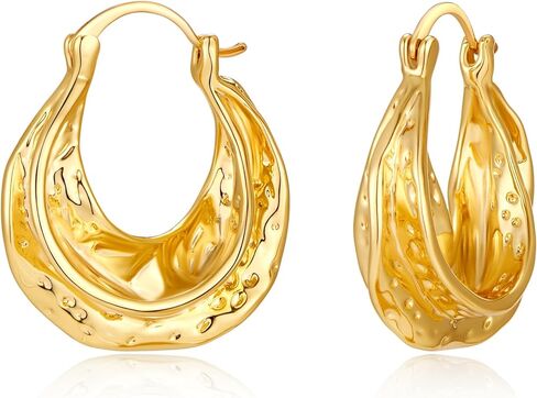 Chunky Hoop Earrings for Women 14K Gold Plated Hammered Texture Thick Wide Hoops Hypoallergenic Statement Jewelry Gifts in Kuwait