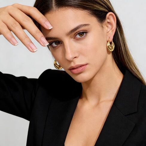 Chunky Hoop Earrings for Women 14K Gold Plated Hammered Texture Thick Wide Hoops Hypoallergenic Statement Jewelry Gifts in Kuwait