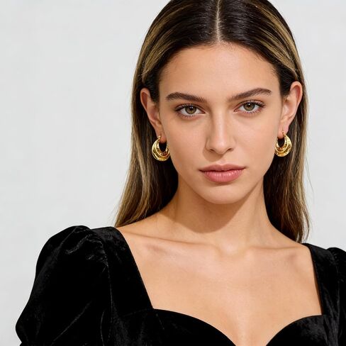 Chunky Hoop Earrings for Women 14K Gold Plated Hammered Texture Thick Wide Hoops Hypoallergenic Statement Jewelry Gifts in Kuwait