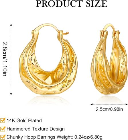 Chunky Hoop Earrings for Women 14K Gold Plated Hammered Texture Thick Wide Hoops Hypoallergenic Statement Jewelry Gifts in Kuwait