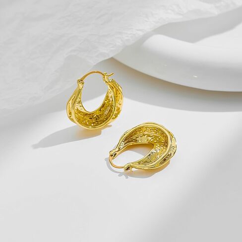 Chunky Hoop Earrings for Women 14K Gold Plated Hammered Texture Thick Wide Hoops Hypoallergenic Statement Jewelry Gifts in Kuwait