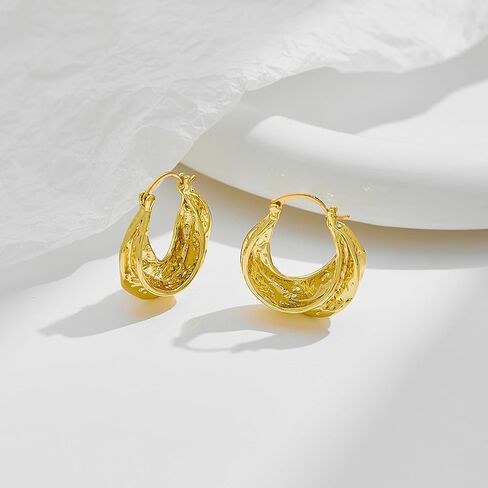 Chunky Hoop Earrings for Women 14K Gold Plated Hammered Texture Thick Wide Hoops Hypoallergenic Statement Jewelry Gifts in Kuwait