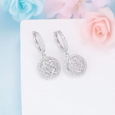 أقراط بعقدة سلتيك للنساء S925 من الفضة الإسترليني بعقدة على شكل قلب وأقراط دائرية بعقدة زركونيا مكعبة أقراط متدلية للأذنين الحساسة مجوهرات سلتيك أيرلندية هدية لعيد الميلاد وعيد الميلاد in Kuwait