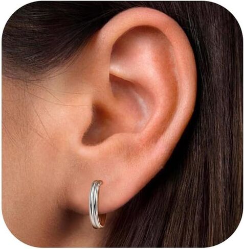 Titanium Hoop Earrings for Sensitive Ears, 2 Pcs Small Silver Hoop Earrings for Women,Cartilage & Lobe Hoops, Double Hoop Layered Design, Hypoallergenic Minimalist Everyday Jewelry in Saudi Arabia