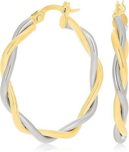 14k الذهب الأصفر والأبيض الإيطالي مصقول الملتوية المتوسطة جوفاء الاقراط in Kuwait