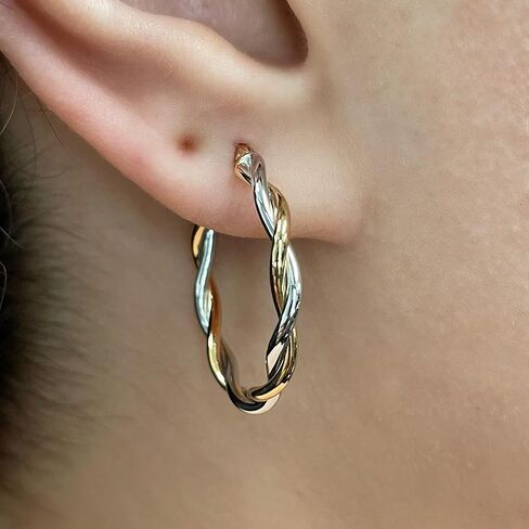 14k الذهب الأصفر والأبيض الإيطالي مصقول الملتوية المتوسطة جوفاء الاقراط in Kuwait