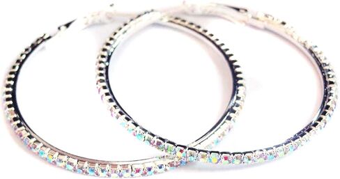 Crystal Iridescent Rhinestone Earrings 2 inch Hoop Silver Rhodium Thin Hoops in Saudi Arabia